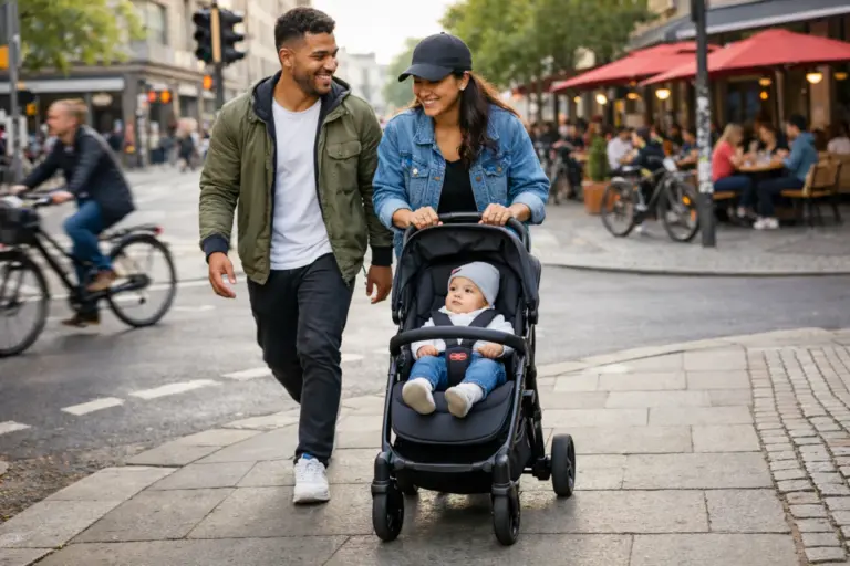 Nahaufnahmen zeigen Stoffe, Nähte und den Rahmen aus nächster Nähe. Dadurch wird sichtbar, wie robust und alltagstauglich die Verarbeitung des Kinderwagens ist.