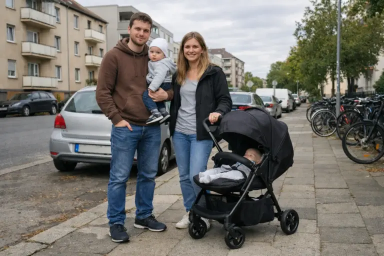 Kompakter Kinderwagen im Stadtviertel – alltagstauglich für Gehweg, Einkäufe und kurze Wege