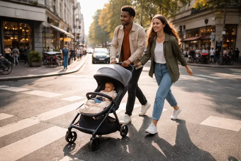 Kompakter Kinderwagen auf belebter Kreuzung – leichtes Manövrieren im Stadtverkehr