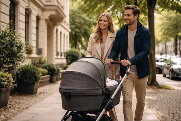 Kombikinderwagen im Stadtviertel – ruhiges Schieben auf breitem Gehweg