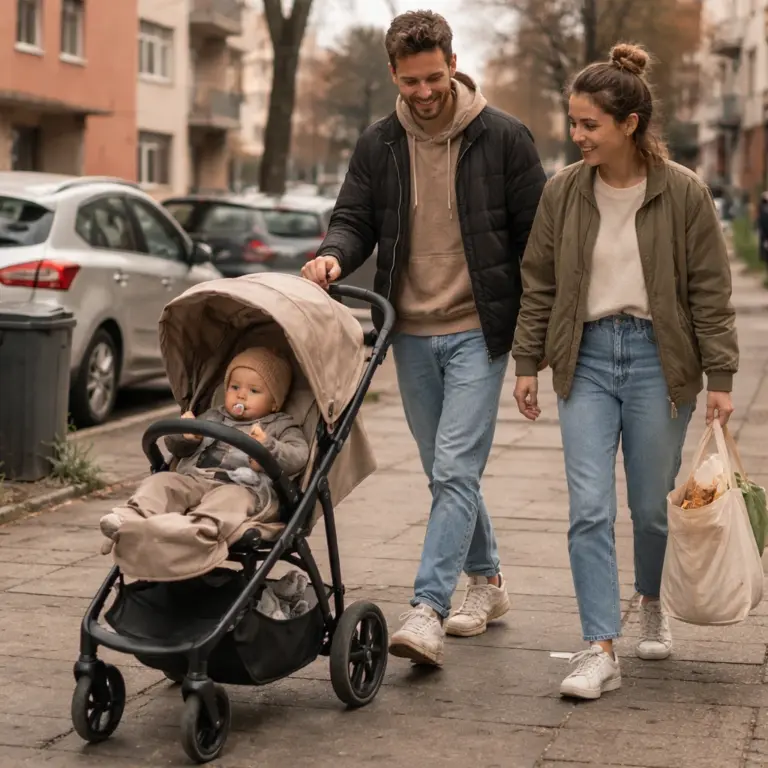Kinderwagen wird im Wohnzimmer aufgebaut – kompakter Rahmen und einfacher Aufbau