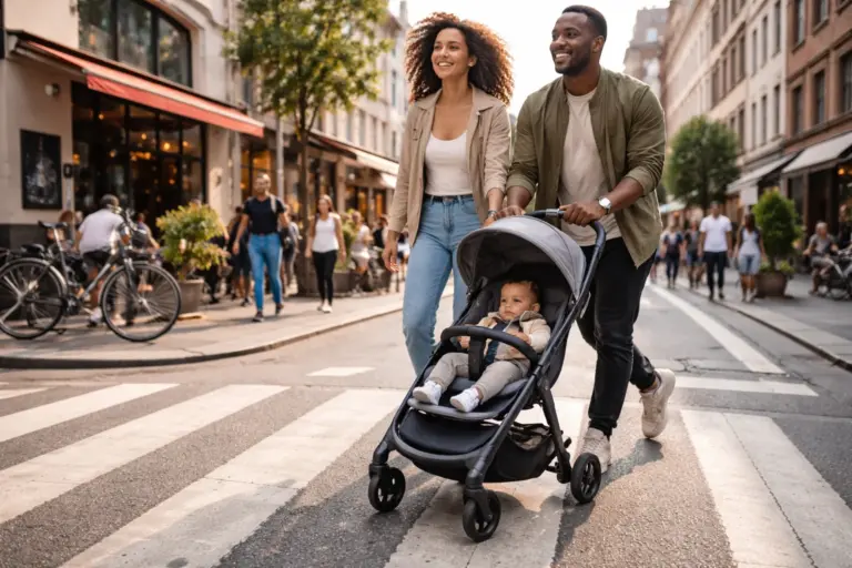Kompakter Kinderwagen in belebter Innenstadt – leichtes Schieben über Zebrastreifen