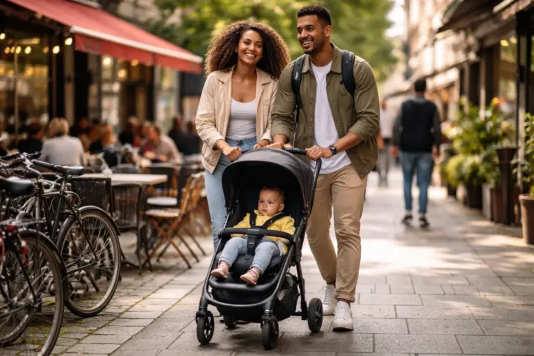 Leichter Buggy in belebter Innenstadt – Eltern schieben Kinderwagen sicher durch engen Gehweg