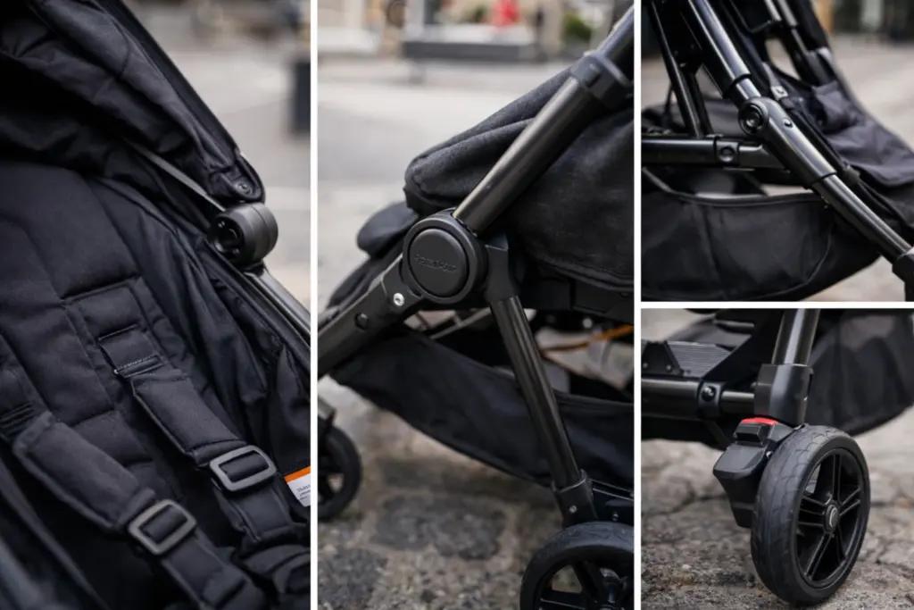Kinderwagen Details von Stoff und Rahmen – stabile Materialien und saubere Nähte sichtbar