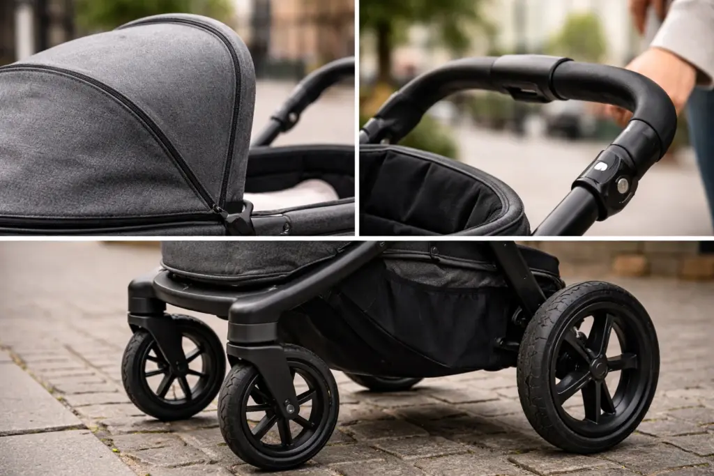 Detailaufnahme Kinderwagen – hochwertige Stoffe, saubere Nähte und stabile Räder sichtbar