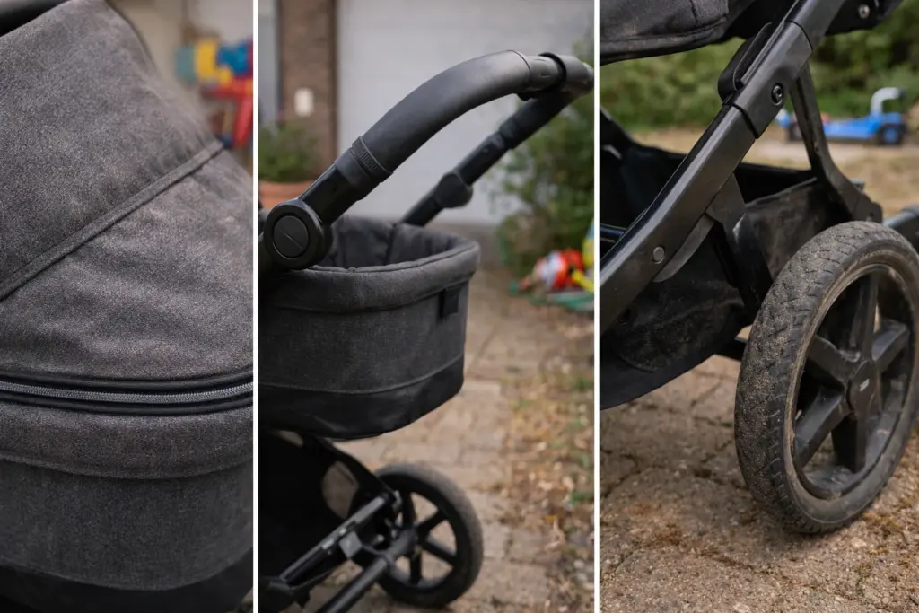Kinderwagen-Details im Alltag – robuste Stoffe, stabile Nähte und leicht verschmutzte Räder