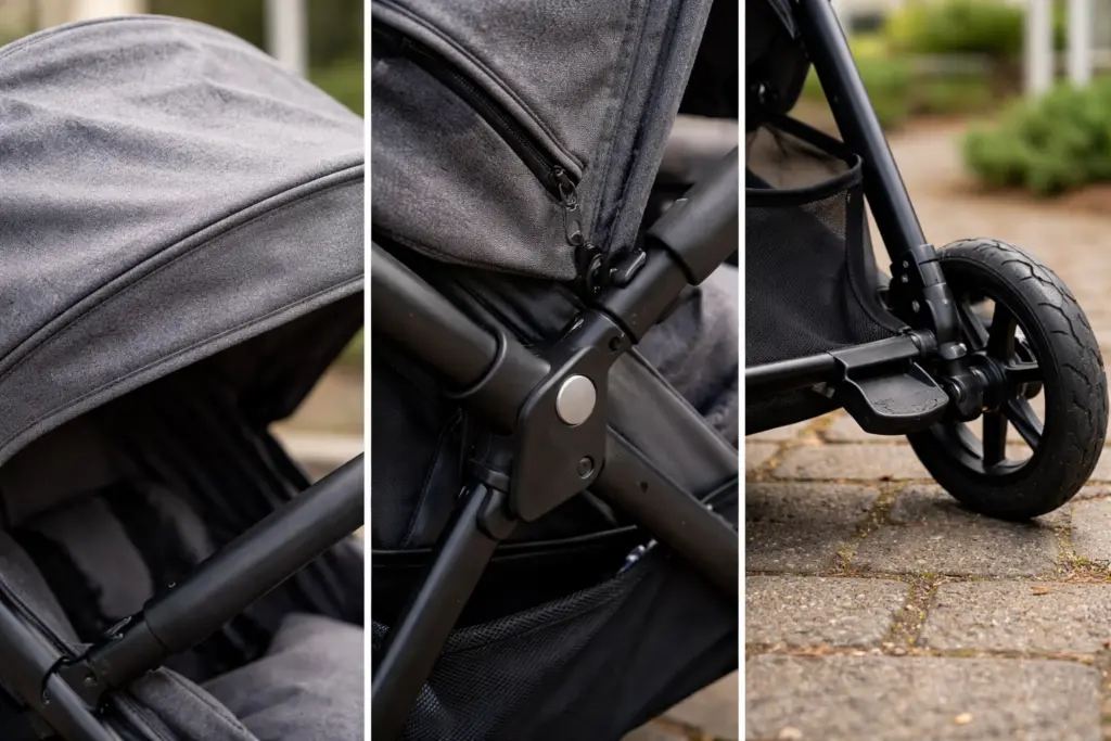 Kinderwagen-Details von Stoff und Rahmen – saubere Nähte und stabile Verbindungen sichtbar