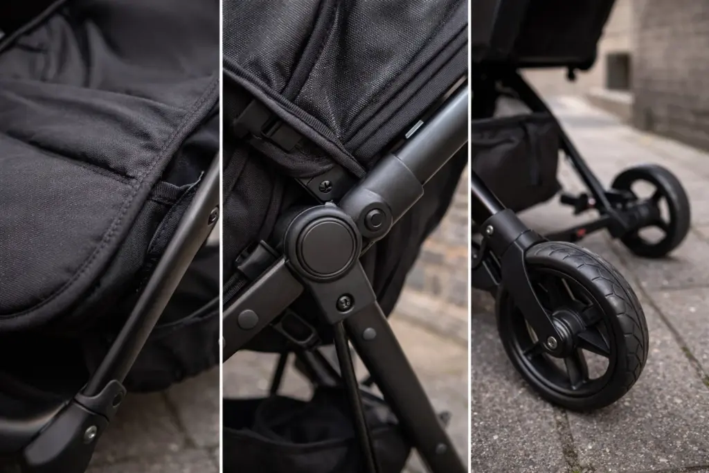 Kinderwagen Detailansicht – stabile Nähte, Rahmen und Räder im Nahbereich sichtbar