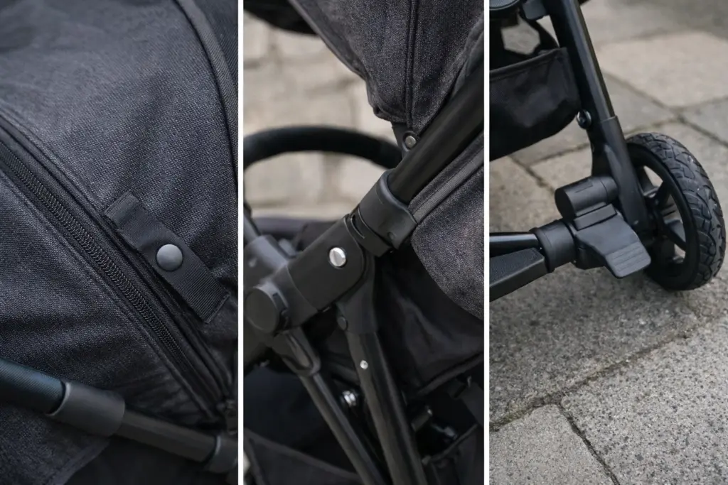 Kinderwagen mit Fokus auf Stoffe, Nähte, Rahmen und Räder – robuste Verarbeitung im Detail