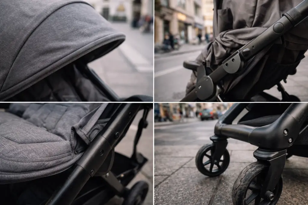 Kinderwagen Detailaufnahme von Stoff und Rahmen – robuste Materialien im Alltag