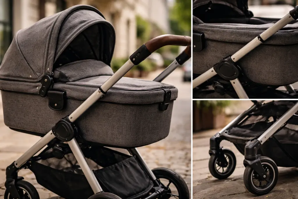 Kinderwagen mit stabilem Rahmen und sauberen Nähten – hochwertige Materialien erkennbar