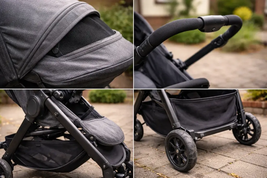 Kinderwagen-Details mit Stoff und Rahmen – robuste Verarbeitung im Alltag