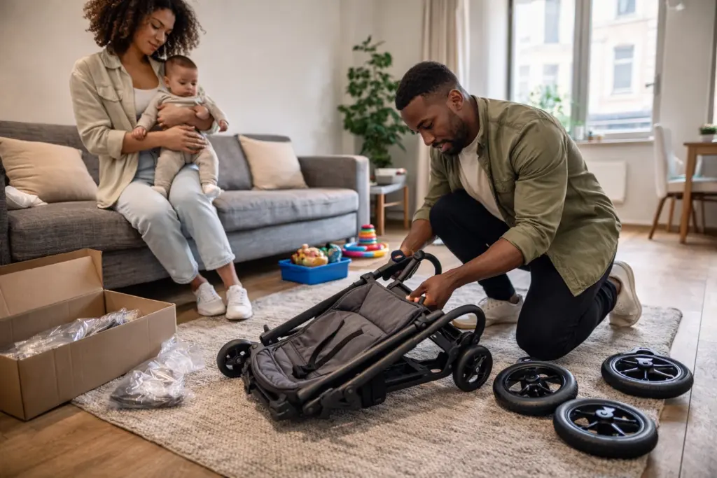 Kinderwagen wird im Wohnzimmer aufgebaut – kompakter Rahmen und einfache Montage