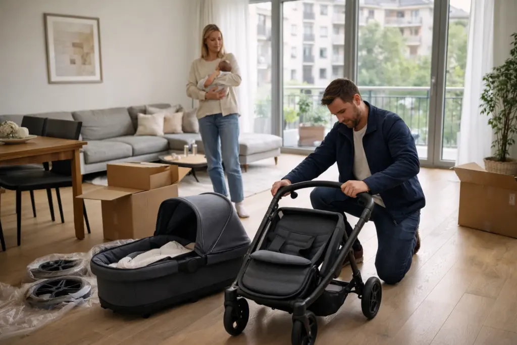 Ein ruhiger Spaziergang durch ein Stadtviertel zeigt den Kinderwagen im natürlichen Einsatz. Das Bild unterstreicht die Alltagstauglichkeit und den entspannten Umgang im täglichen Gebrauch.