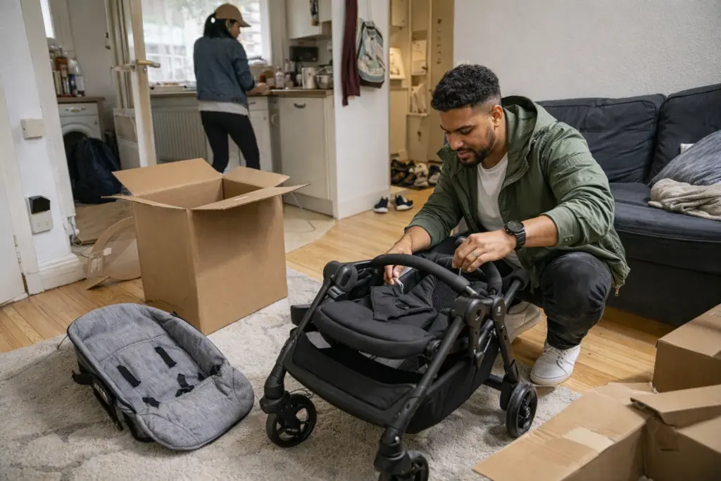 Kinderwagen wird in Wohnung aufgebaut – schneller Aufbau mit wenigen Handgriffen