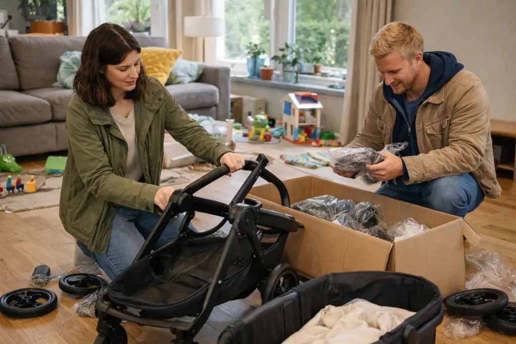Kinderwagen wird im Wohnzimmer aufgebaut – stabiler Rahmen und klare Montage sichtbar