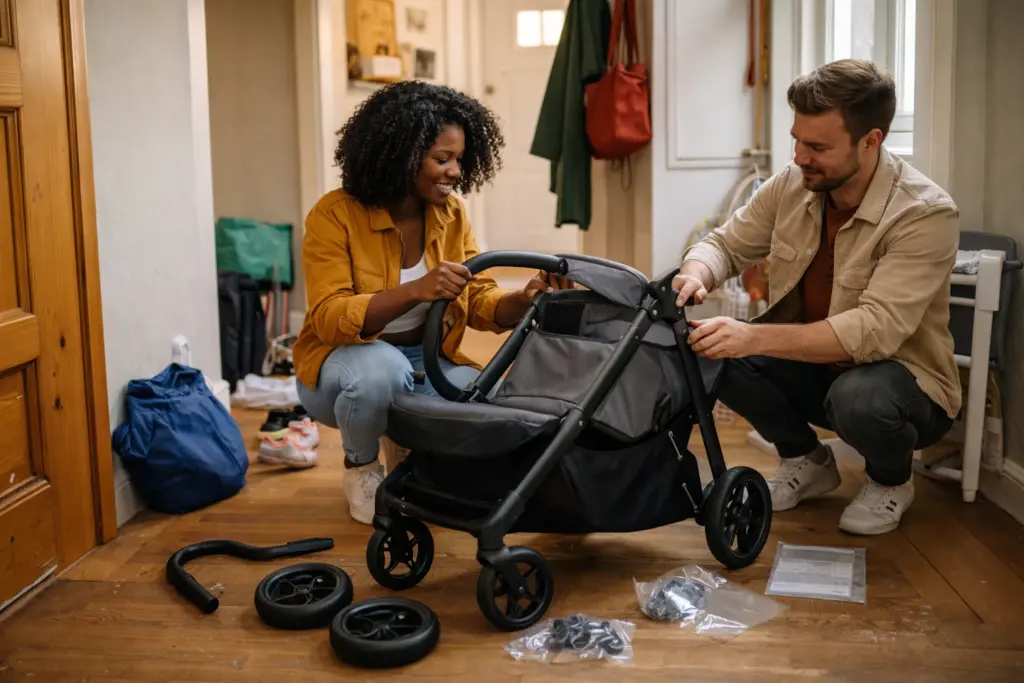 Kinderwagen wird im Hausflur aufgebaut – schneller Aufbau mit wenigen Handgriffen