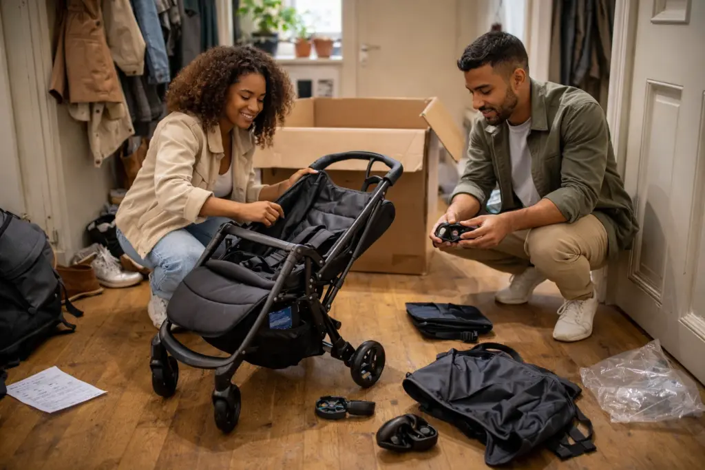 Kinderwagen wird im Hausflur aufgebaut – kompakte Bauweise und schneller Aufbau im Alltag