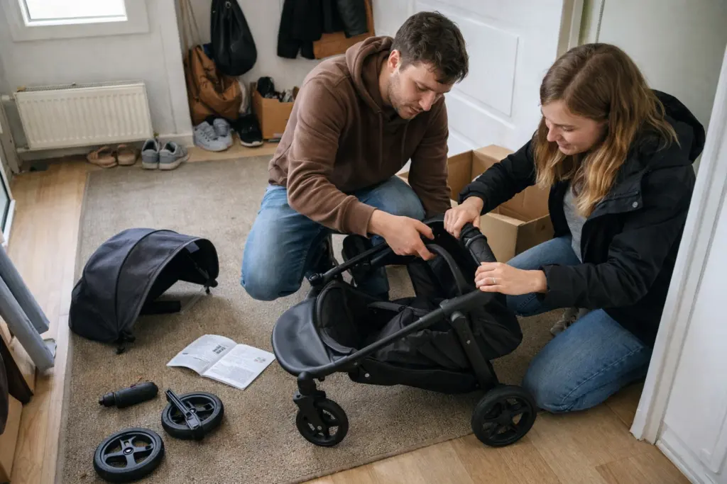 Kinderwagen wird in kleiner Wohnung aufgebaut – schneller Aufbau im Familienalltag