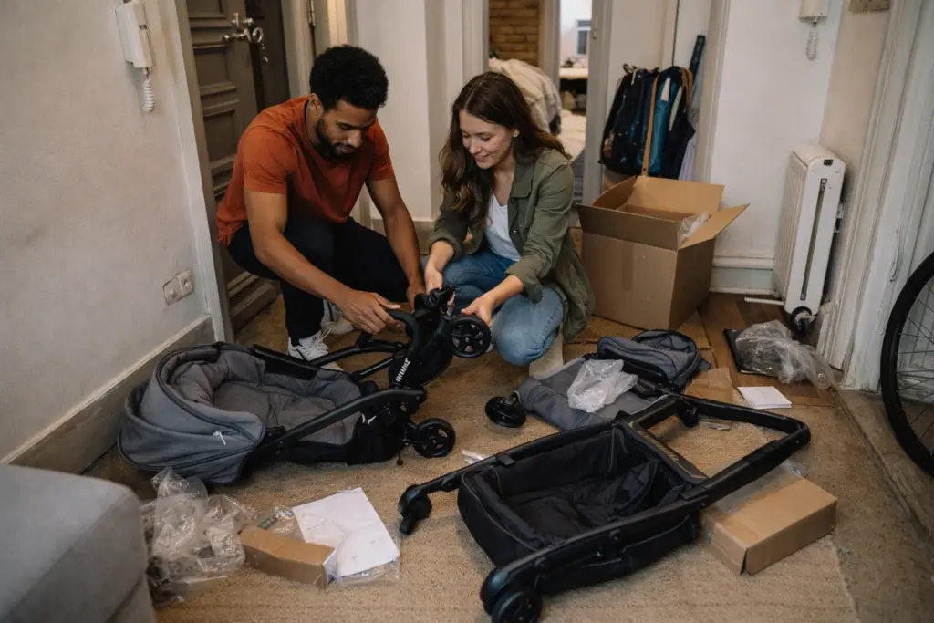 Kinderwagen wird im Hausflur aufgebaut – einfache Montage in engem Wohnraum