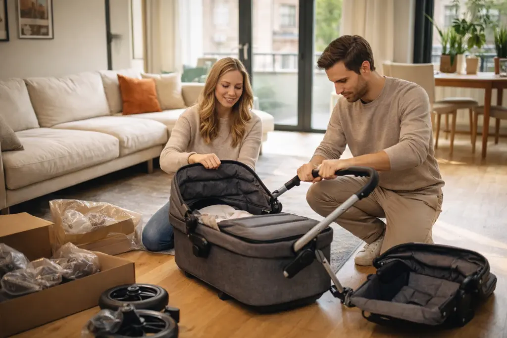 Kinderwagen wird im Wohnzimmer aufgebaut – stabile Konstruktion und einfache Montage