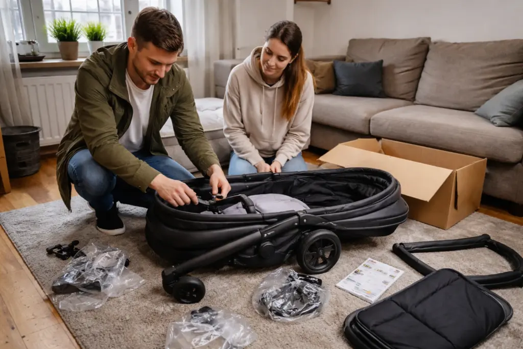 Kombikinderwagen wird im Wohnzimmer aufgebaut – Einzelteile liegen übersichtlich bereit