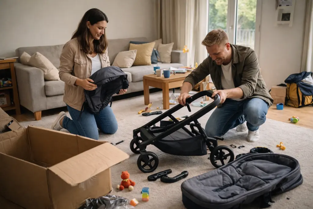 Kinderwagen wird im Wohnzimmer aufgebaut – einfacher Aufbau mit stabilem Rahmen