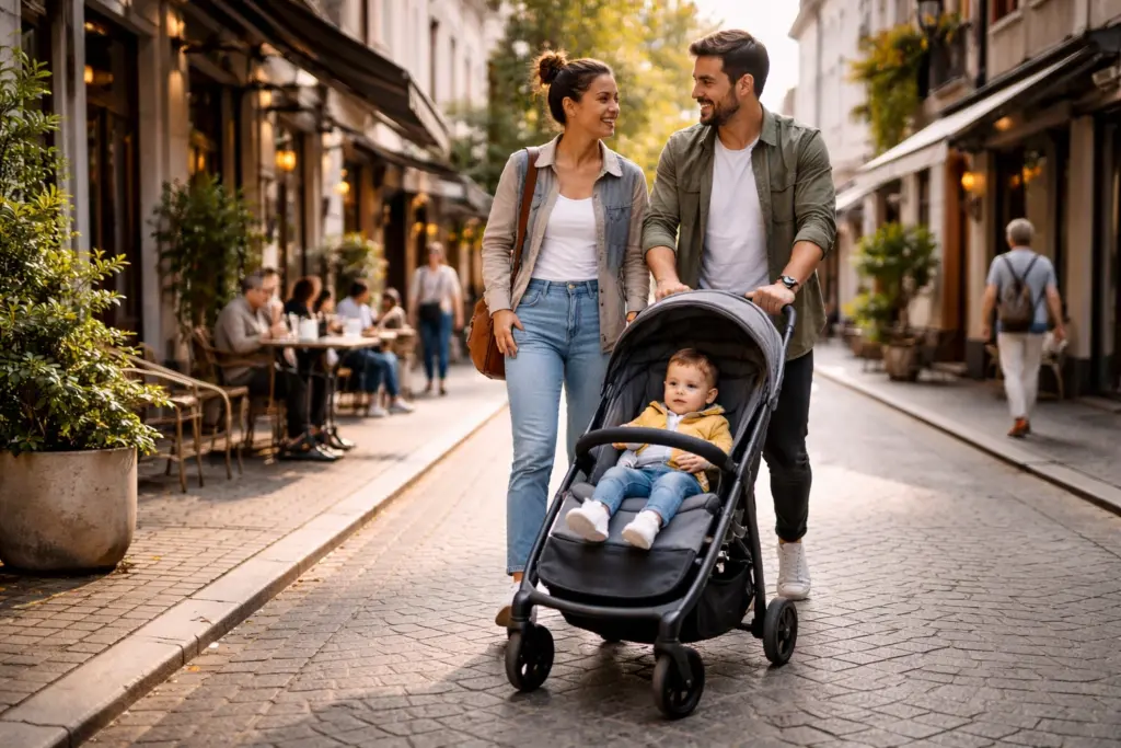 Kinderwagen im Stadtspaziergang – leichtes Handling im entspannten Familienalltag