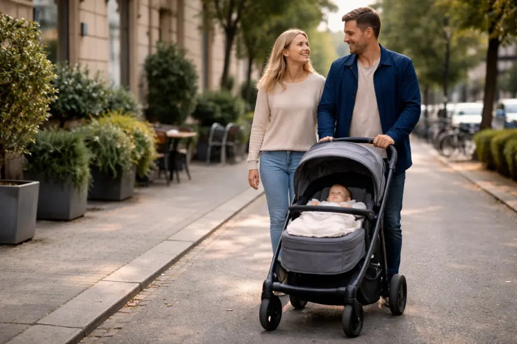 Kinderwagen bei entspanntem Spaziergang – ruhiges Fahrverhalten im Alltag sichtbar