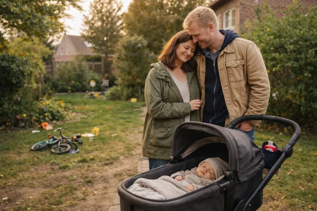 Kinderwagen im Garten neben Familie – entspannte Nutzung im Alltag