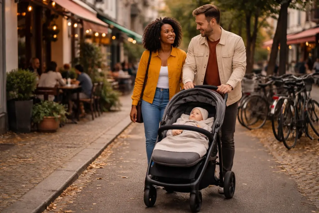 Kinderwagen bei Spaziergang durch Stadtstraße – entspannte Nutzung im Alltag