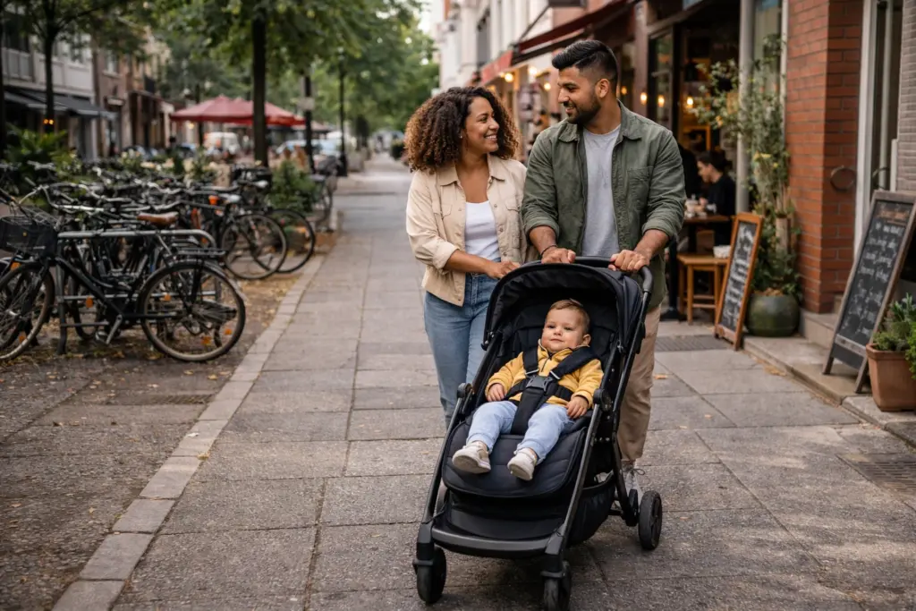Eltern spazieren mit Buggy durch ruhige Stadtstraße – entspannte Nutzung im Alltag