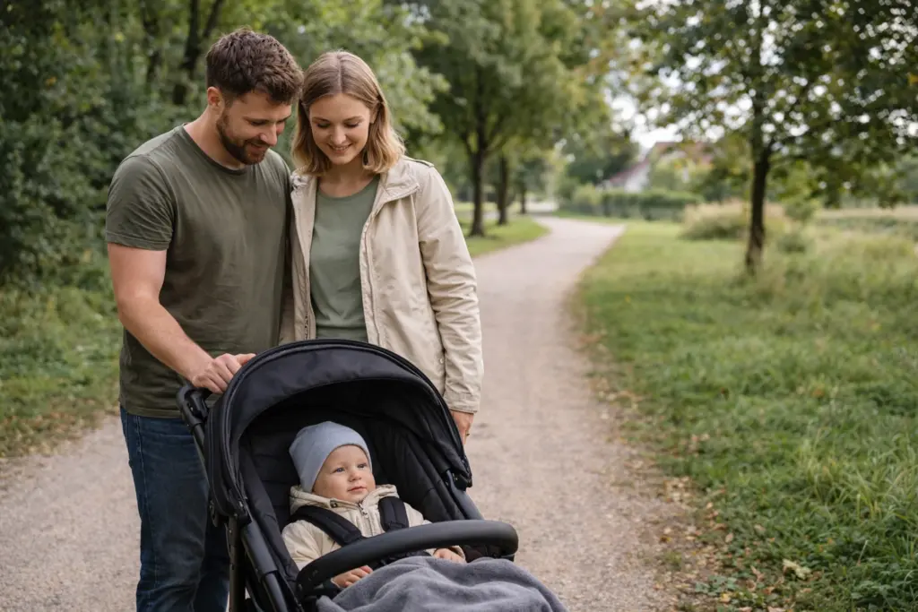 Kinderwagen im ruhigen Wohngebiet – entspannter Spaziergang in natürlicher Umgebung