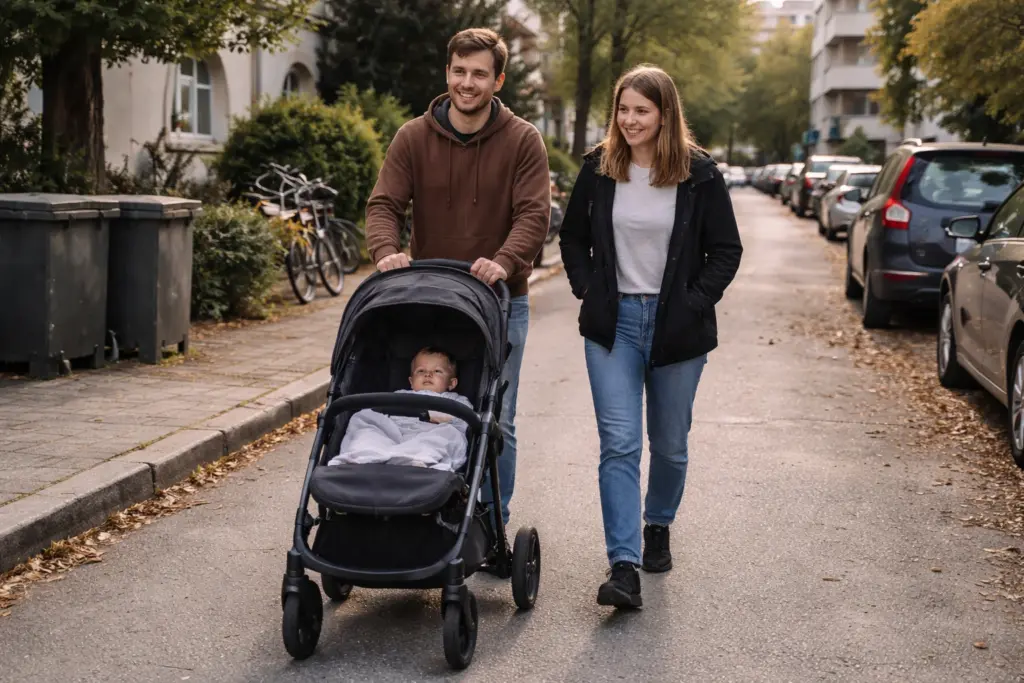 Kinderwagen bei Spaziergang durch Wohnstraße – praktische Lösung für den urbanen Familienalltag