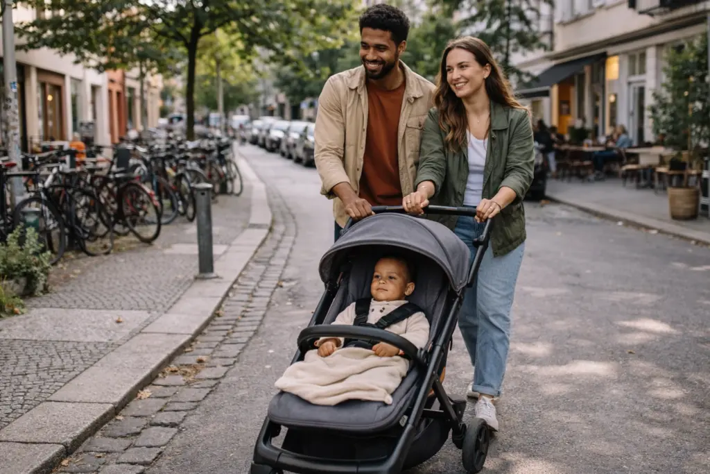 Familie spaziert mit Kinderwagen durch ruhige Straße – entspannter Alltagseinsatz