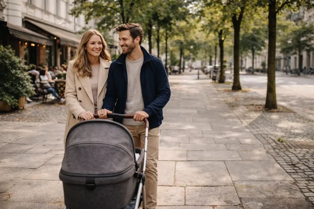 Kinderwagen bei entspanntem Spaziergang – zuverlässige Nutzung im Alltag