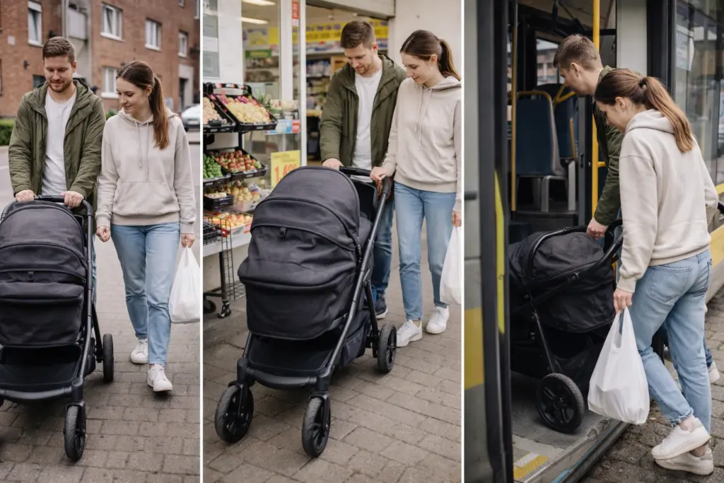 Kinderwagen im Alltag – Nutzung auf Gehweg, beim Einkaufen und im öffentlichen Verkehr