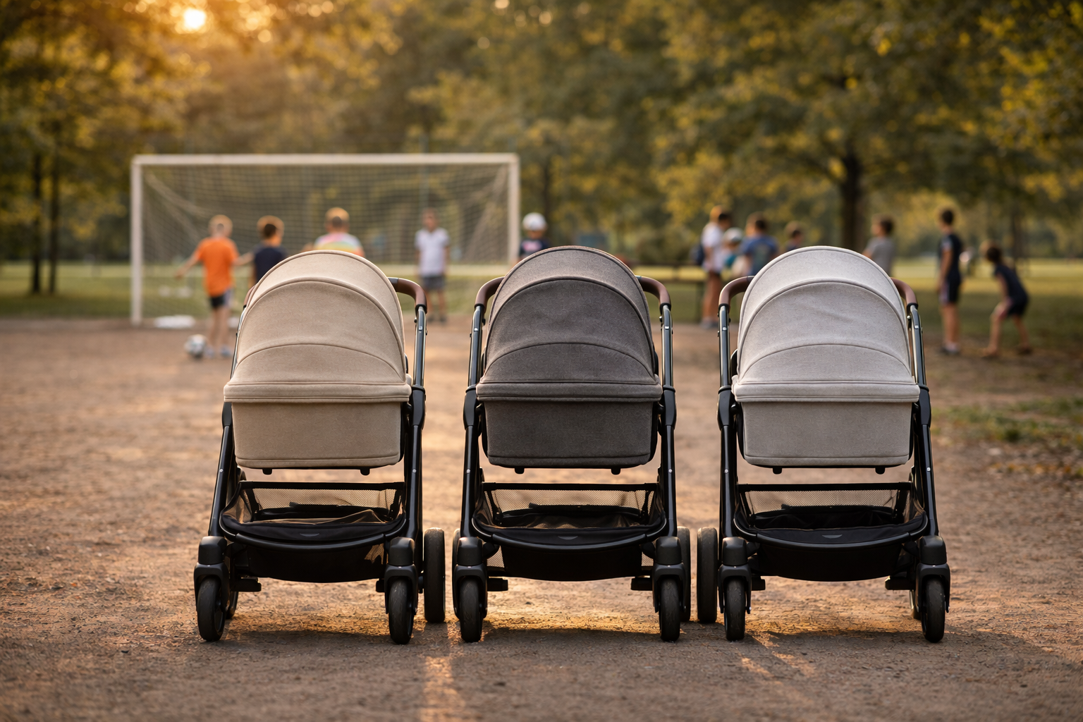 Kinderwagen Vergleich mehrerer Modelle auf einem Parkweg mit spielenden Kindern im Hintergrund