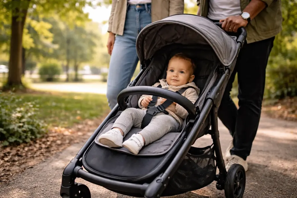 Kleinkind sitzt entspannt im Kinderwagen – gepolsterter Sitz und schützendes Verdeck