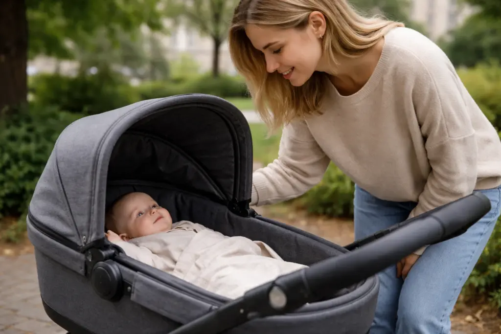 Kombikinderwagen mit Baby in Liegeposition – gepolsterte Fläche sorgt für ruhiges Liegen