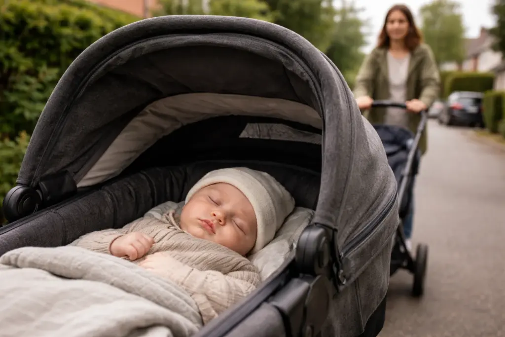 Gut gepolsterter Kinderwagen mit Baby – geschützte Liegeposition während Spaziergang