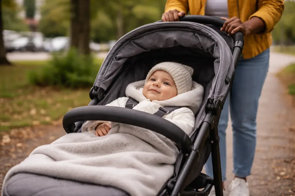 Gepolsterter Kinderwagen im Park – Baby liegt ruhig und gut geschützt
