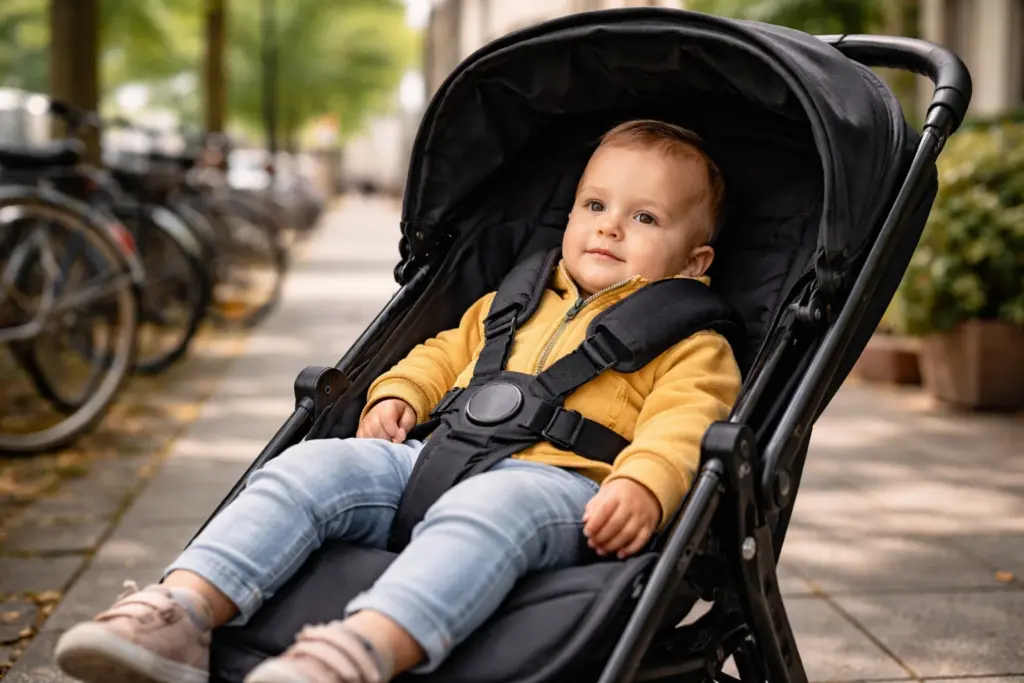 Kleinkind sitzt entspannt im Buggy – gepolsterter Sitz und sichere Liegeposition