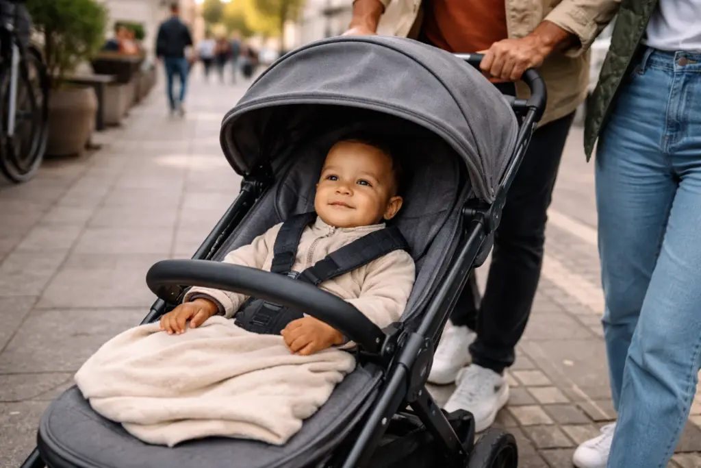 Kleinkind sitzt entspannt im Kinderwagen – gepolsterter Sitz sorgt für Komfort