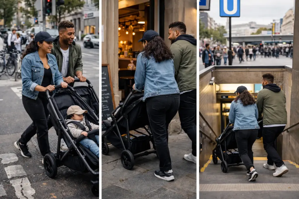 Kinderwagen auf engem Gehweg und Kreuzung – wendig in urbaner Umgebung nutzbar