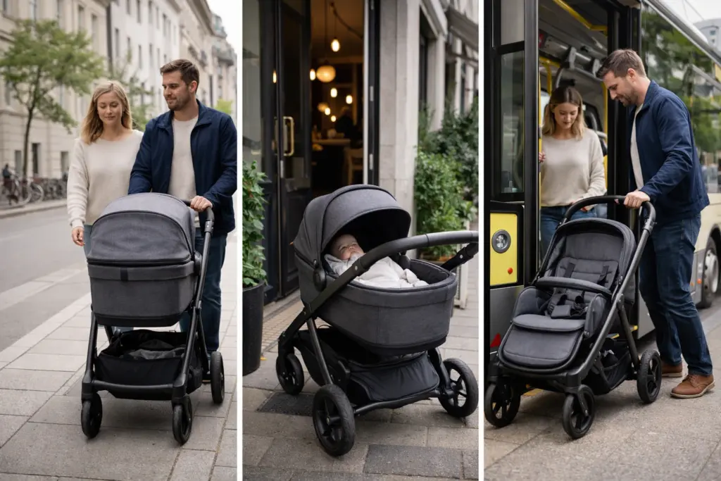 Kinderwagen in Stadt, Café und Bus – flexibel nutzbar in verschiedenen Alltagssituationen