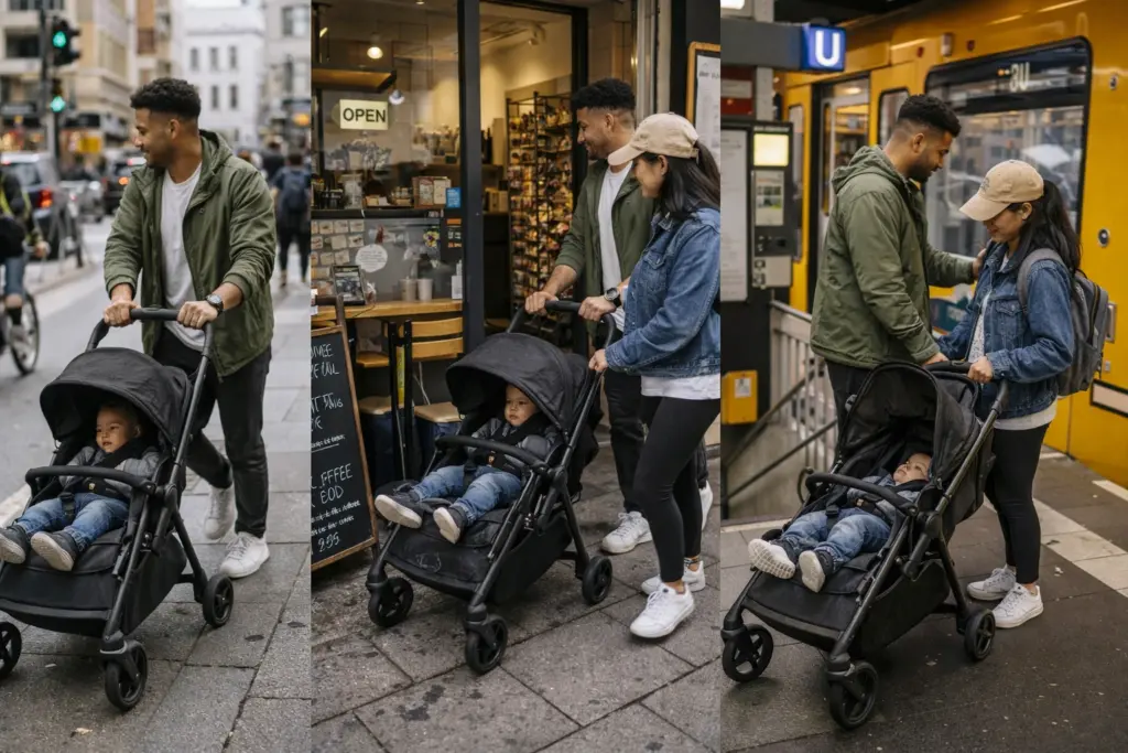 Kind im Kinderwagen – gepolsterter Sitz und schützendes Verdeck im Alltag