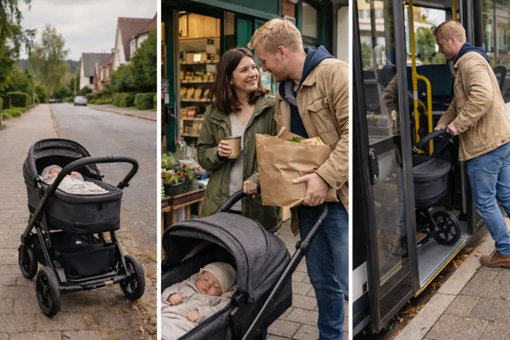 Kinderwagen auf Gehweg im Wohnviertel – ruhiges Fahrverhalten bei alltäglicher Nutzung