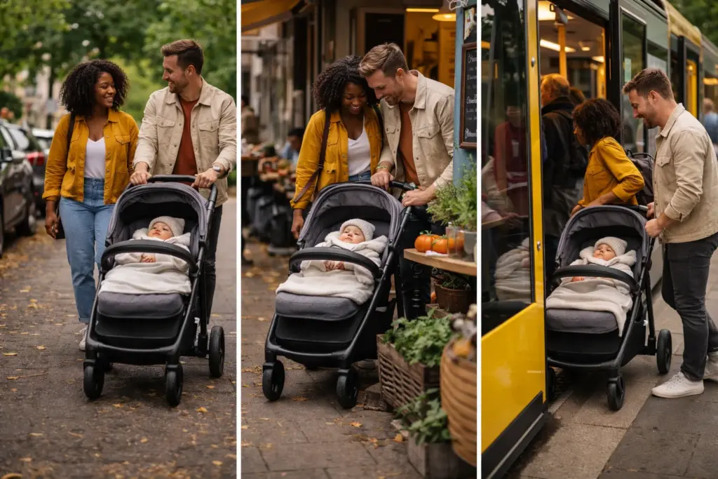 Kinderwagen im Stadtalltag – flexibel nutzbar auf Gehweg, vor Café und im öffentlichen Verkehr