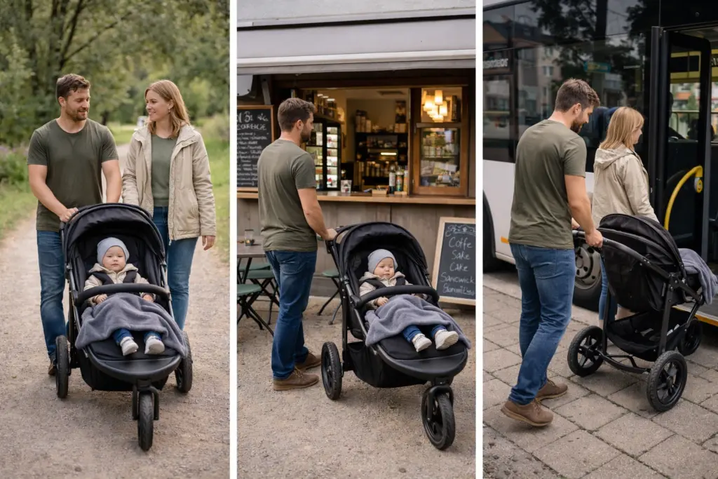 Kinderwagen im Alltagseinsatz – flexibel auf Parkwegen, im Café und beim Einstieg in Bus